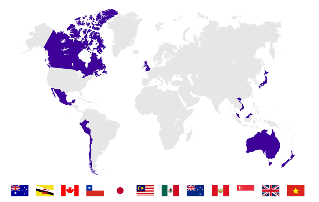 A map of the world showing members of a free trade agreement.