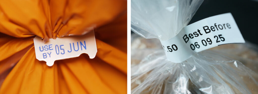 A split image, on the left is a white use by label around an orange sack, the right is a white best before label around a plastic bag