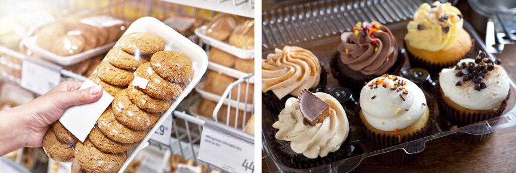 A split image, on the left showing some biscuits in plastic packaging and on the right six cupcakes with colourful icing.