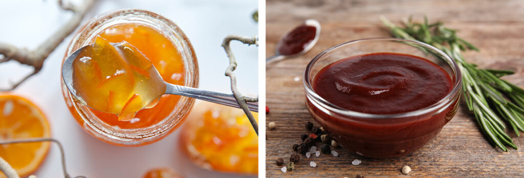A split image on the left showing a jar of bright orange marmalade in a jar taken from above and on the right a small glass bowl of brown sauce with herbs around it