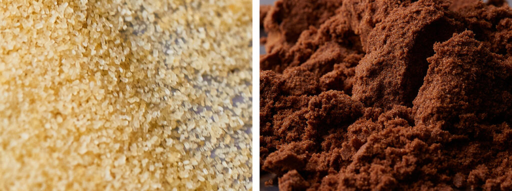 A two way split image showing on the right demerara sugar crystals and on the right muscovado sugar