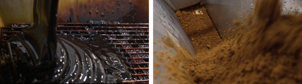 A two way split image, on the right Cane molasses and left light soft brown sugar