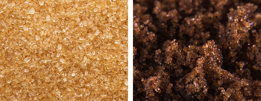 Two way split image, left demerara sugar crystals, right Dark Muscovado
