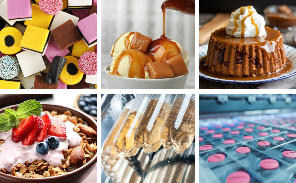 A collection of confectionaries, deserts, soft drinks and medications that all contain crystalline sugars