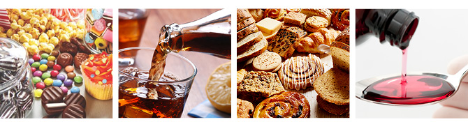 photo series showing confectionary, drinks, baked goods and medicine