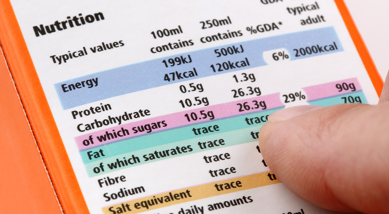 A close up shot of the high fat, salt and sugar label on the back of an orange package