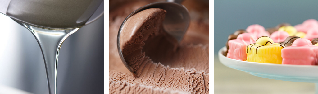A three-way split image from left to right showing invert sugar syrup being poured off a metal spoon, chocolate brown ice cream being scooped and a plate of yellow and pink fondant iced cakes.
