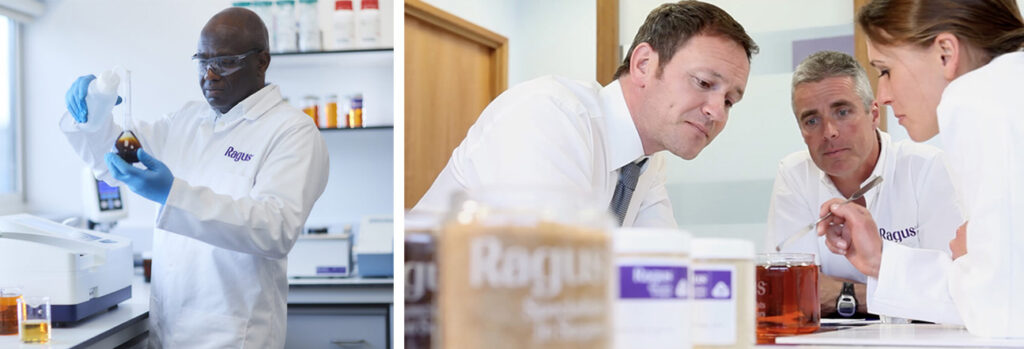 A two way split image from right to left showing a man in a lab setting in a white lab coat mixing chemicals and two men and one woman leaning over a desk looking at sugar products in glass jars