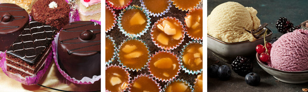 Cakes, filled confectionery and ice cream showing applications where invert sugar syrup can support texture, crystallisation control and scoopability.