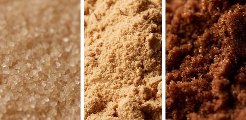 Three way split image showing from left to right amber coloured demerara, light brown soft and dark soft brown sugars.