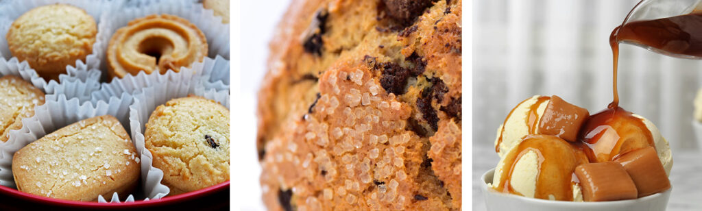 Threeway split image showing from left to right un-iced cupcakes in white paper muffin cases, a close up of a chocolate muffin with sugar crystals on the surface, dark toffee sauce being poured on cream coloured ice cream.