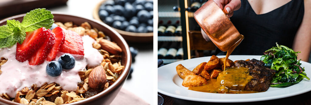 A two way split image showing from left to right a bowl of granola with yogurt, strawberries and blueberries on top, and a white plate with potatoes green vegetables and a steak having peppercorn sauce poured on top.