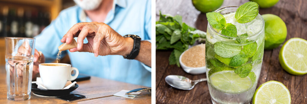 Two way split image showing from left to right a man pouring course brown sugar crystals into a frothy coffee and a glass with a mojito, fresh limes and mint in it.