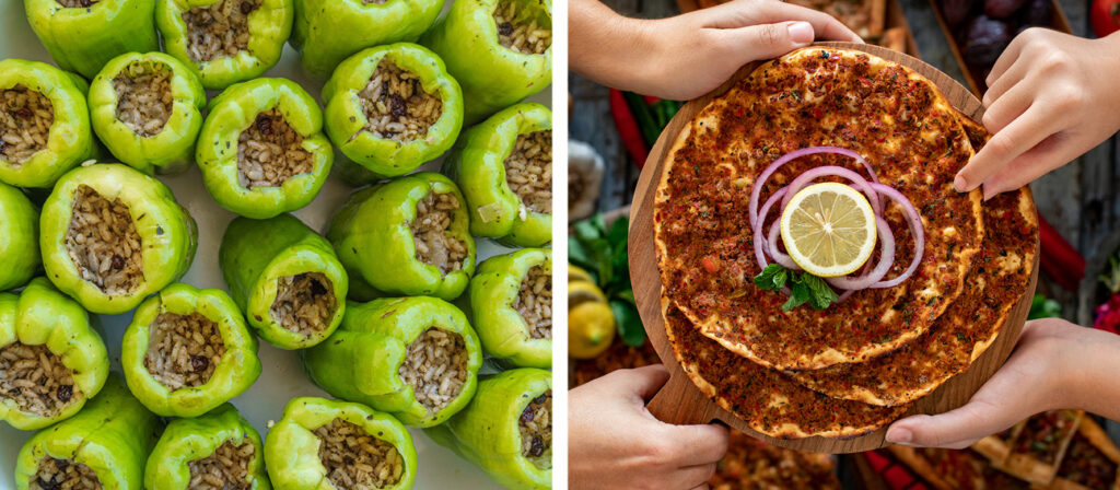Large plate of green stuffed peppers (left), round pizza flatbreads (right)