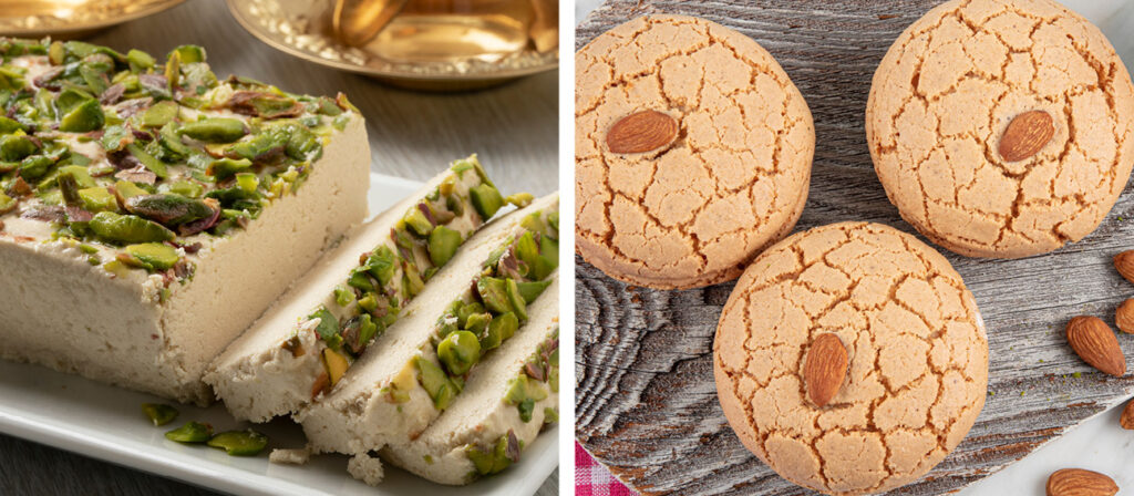 Turkish halva (left), almond biscuits (right)