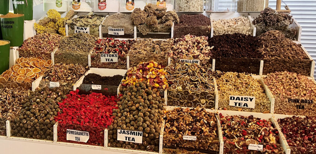 Selection of loose tea leaves at a market