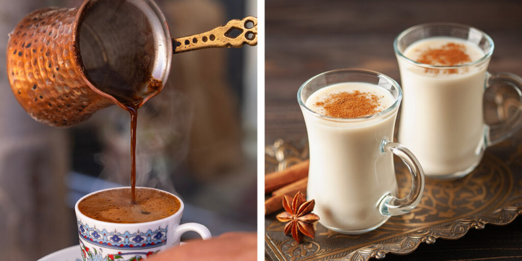Coffee being poured into a cup (left), a milky drink in two glasses (right)