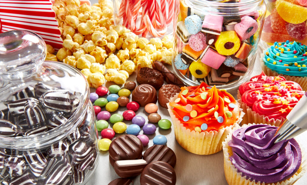 A collection of brightly colour confectionary and frosted cakes