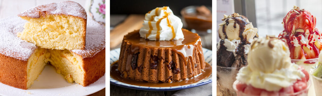 A three way split image showing from left to right, sponge cake, fruit cake and ice cream.