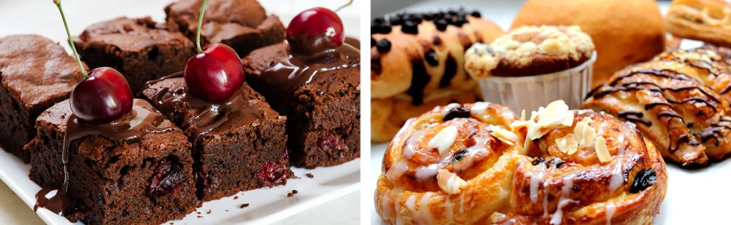 This is a picture of chocolate brownies with cherries alongside iced and fruit-filled pastries.