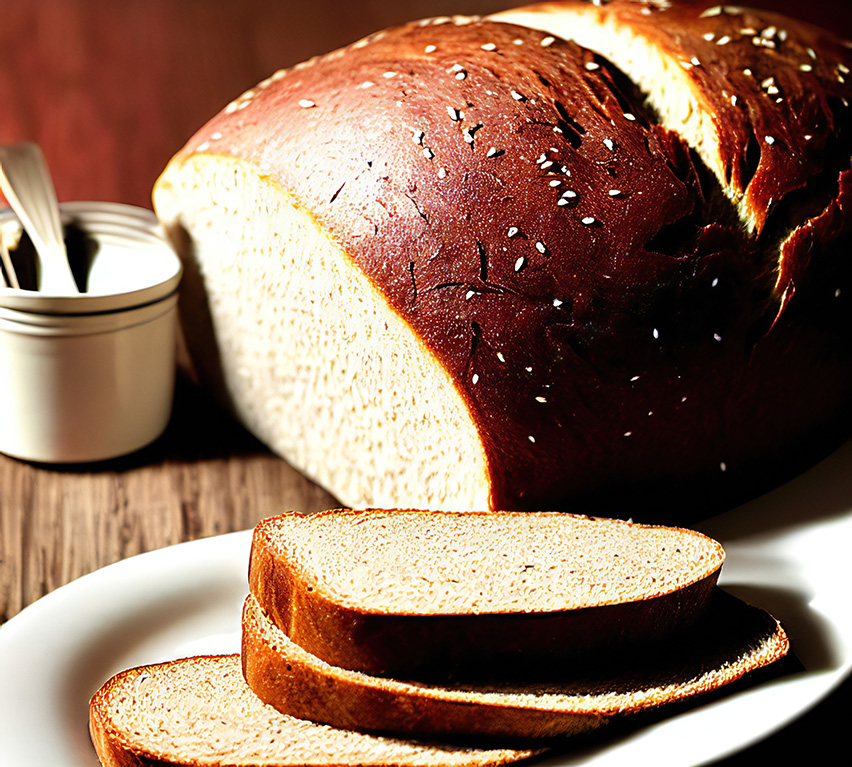 This is a picture of a dark-brown loaf of bread with two slices cut from it and a jug in the background.