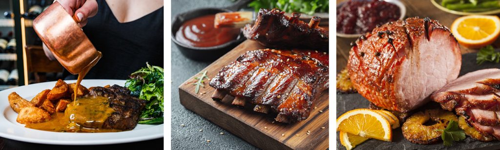 This is a picture showing sauces and glazes being applied to cooked vegetables, ribs and roasted meat.