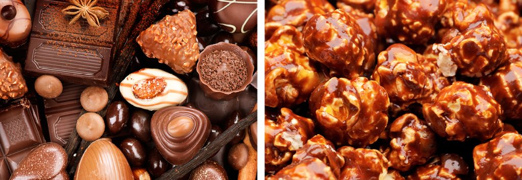 This is a picture of assorted chocolates, cocoa powder and caramel-coated popcorn.