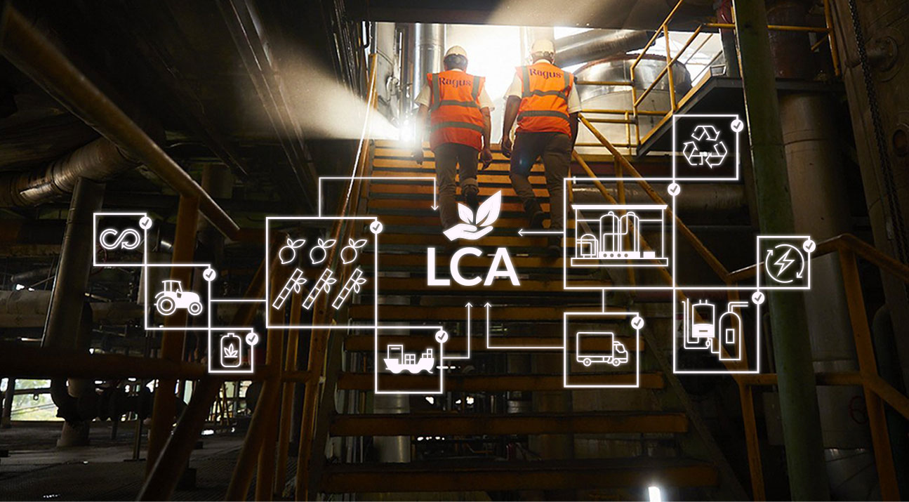 Two Ragus workers in orange high-visibility vests ascend stairs inside an industrial sugar mill. Overlaid icons represent various stages of the sugar life cycle assessment (LCA)