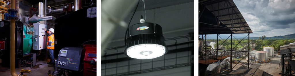 Split image showing three scenes, on the left a Ragus worker in an orange vest checks a screen, in the middle an LED light hangs from the ceiling, on the right you can see large industrial boilers with a sugarcane farm in the background.