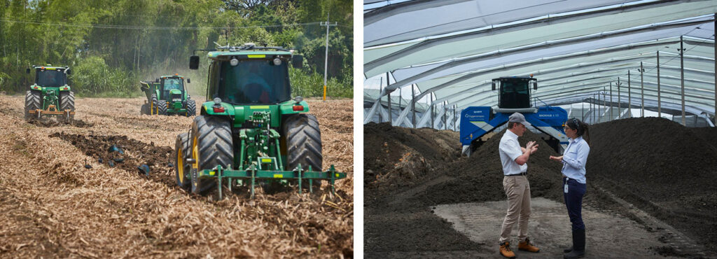 Split image showing two scenes: on the left, tractors plough through harvested sugarcane fields; on the right, a covered composting facility with two people discussing sustainable practices, illustrating regenerative agriculture and responsible waste management within the sugar supply chain.