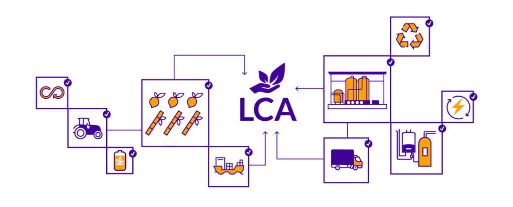 Colourful infographic illustrating the life cycle of sugar production. Icons represent various stages: circular economy, farming, fertiliser input, harvesting, global shipping, factory processing, transportation, refining, energy usage, and recycling — all connected to the central “LCA” icon.