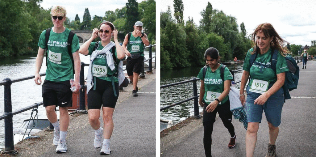 A split image showing four people smiling and walking along a riverside
