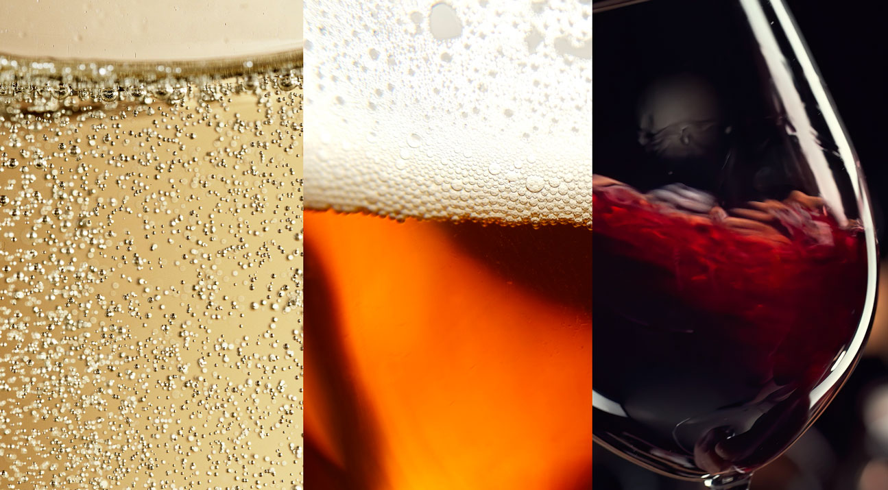A three-way split image showing fizzing beige cider, amber coloured lager, and dark red wine in glasses close up