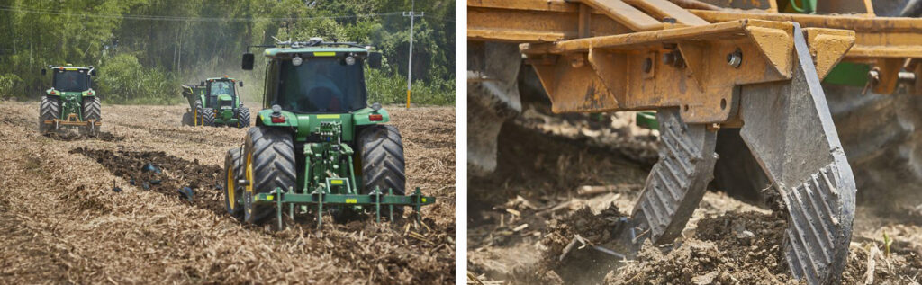A two way split image showing from left to right, a wide shot of three green tractors pulling traditional ploughs and a close up of the blades of a modern plough