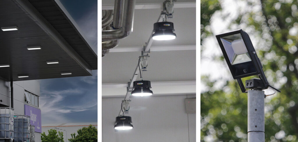 A three way split image showing different LED lighting solutions from outside the front of a factory, inside the factory and security lighting
