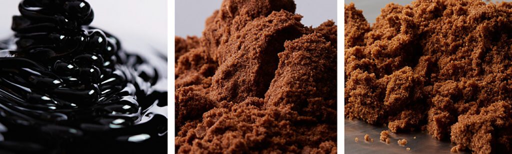 Dark syrup pouring in folds (left), fine dark brown sugar (centre) and lighter brown sugar in clumps (right).