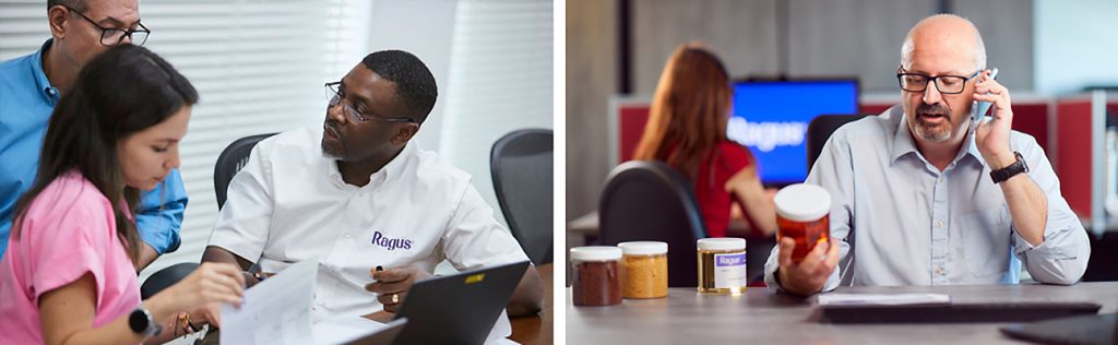 Ragus colleagues reviewing paperwork beside a laptop (left) and a colleague holding a sample jar while speaking on the phone (right).